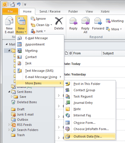 Outlook New Items menu