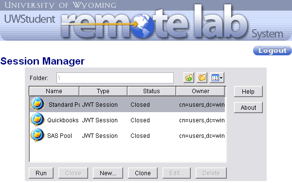 Session manager screen