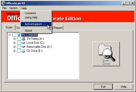 OfficeScan Main window, Help/ActiveSupport selected