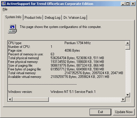 ActiveSupport window, System Info tab