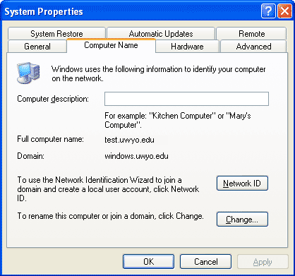 System Properties window, Computer Name tab