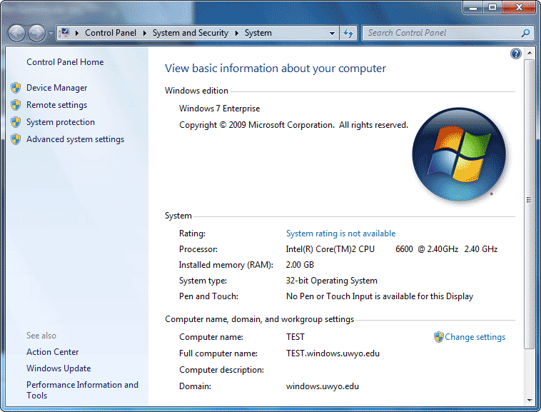 Computer Panel, Systems and Security, Systems window