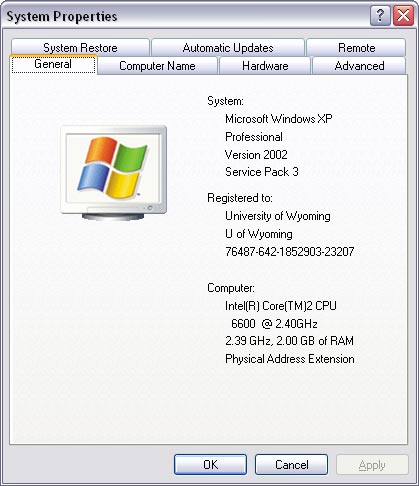 System Properties window, General tab