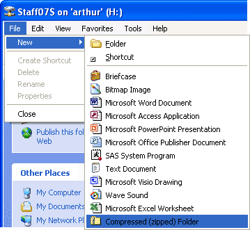 Folder File menu, Compressed (zipped) Folder