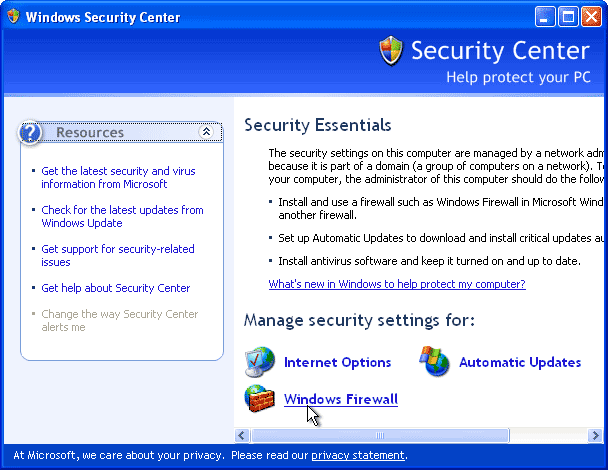 Windows Security Center window, Windows Firewall selected