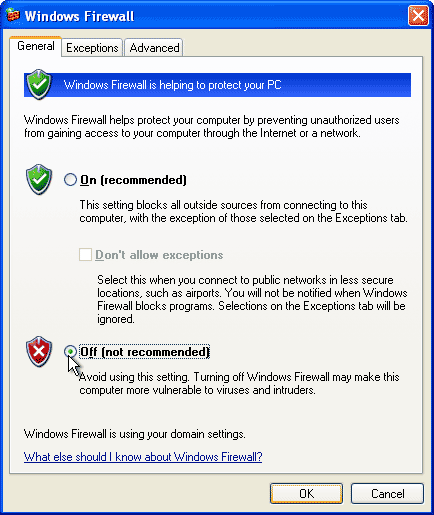Windows Firewall window, Off (not recommended) selected