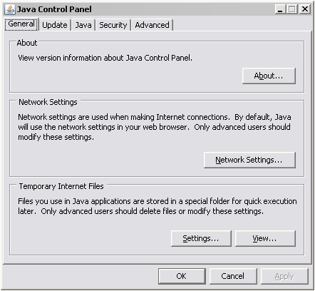 Java Control Panel window