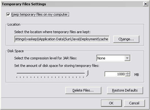 Temporary Files Settings window