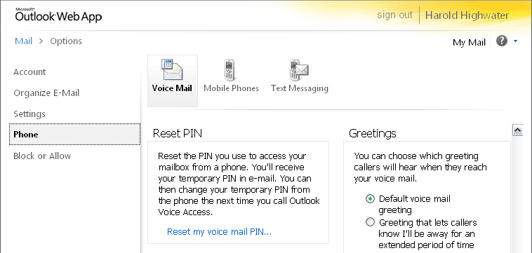 OWA Voice Mail window