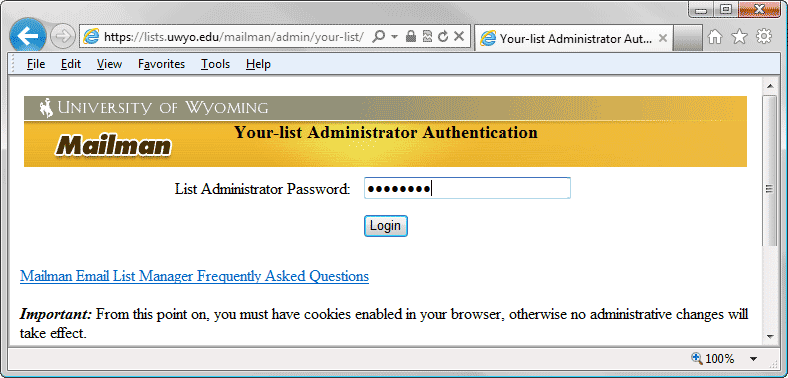 Mailman List Administrator Authentication browser window