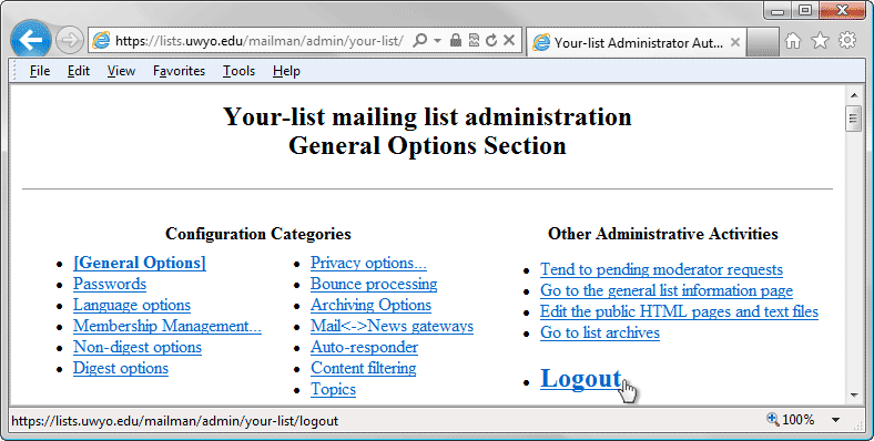 Mailman General Options browser window