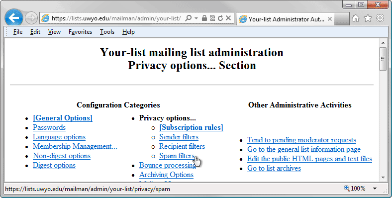 General Options - Privacy Options browser window