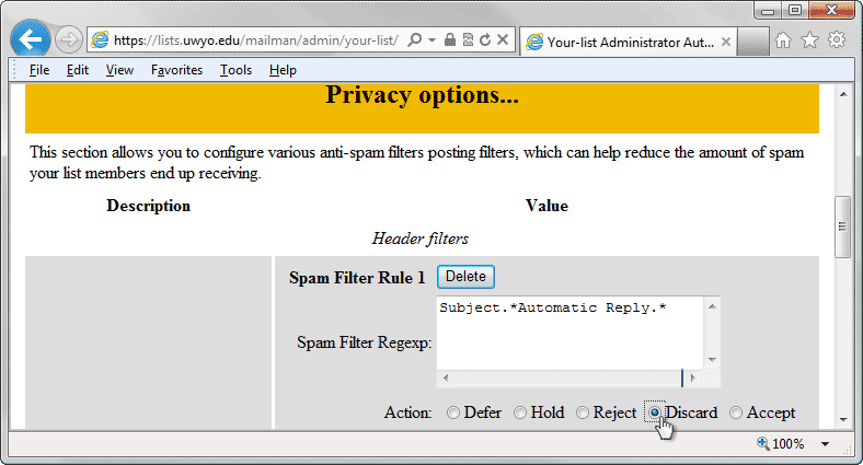 General Options - Privacy Options browser window