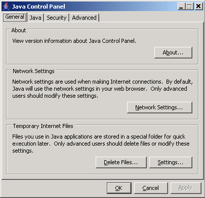 Java Plug-In Control Panel window