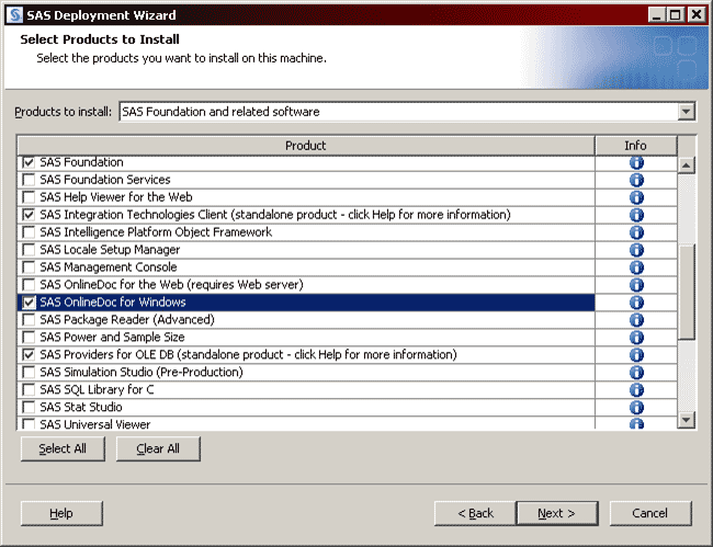 Select Products to Install window