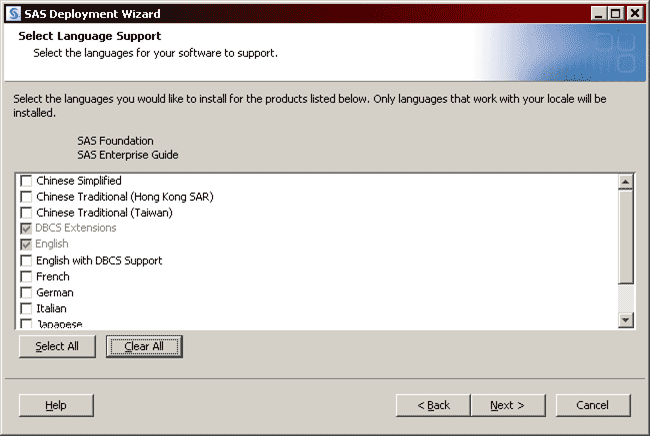 Select Language Support window
