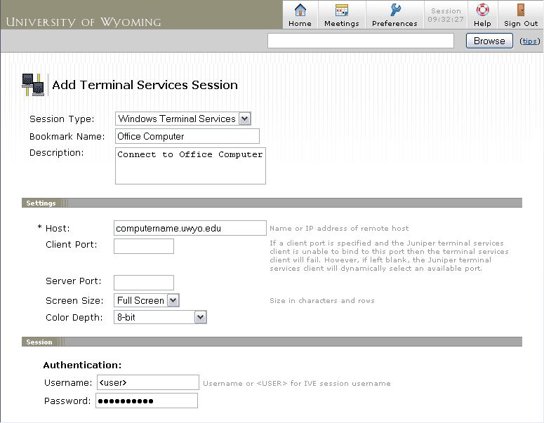 Add Terminal Services Session window
