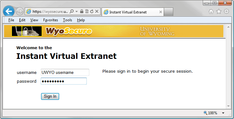 Instant Virtual Extranet browser window