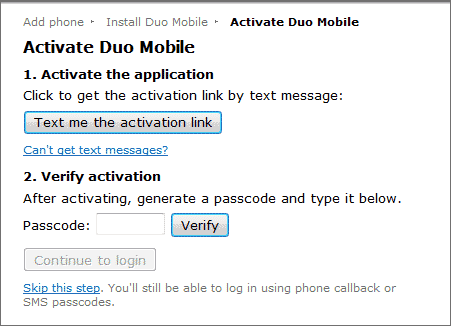 Activate Duo Mobile screen
