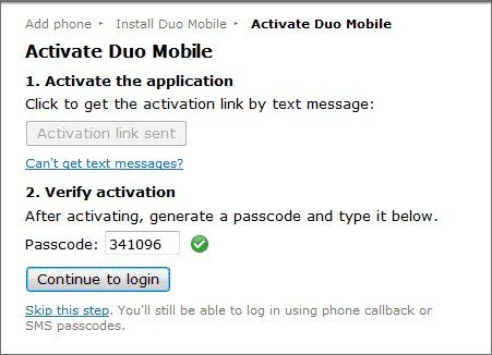 Activate Duo Mobile screen