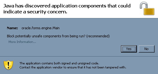 Java warning window