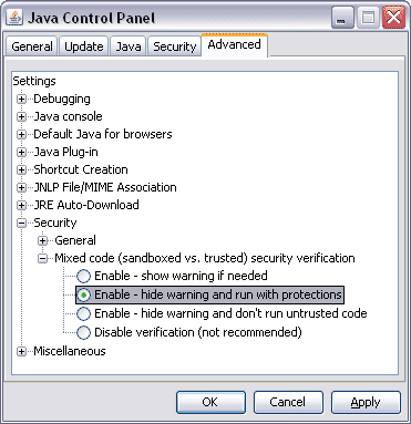 Java Control Panel window
