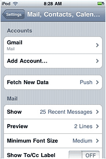 Mail, Contacts, Calendars screen