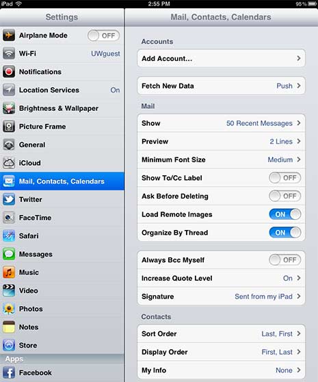 iPad Mail, Contacts, Calendars screen