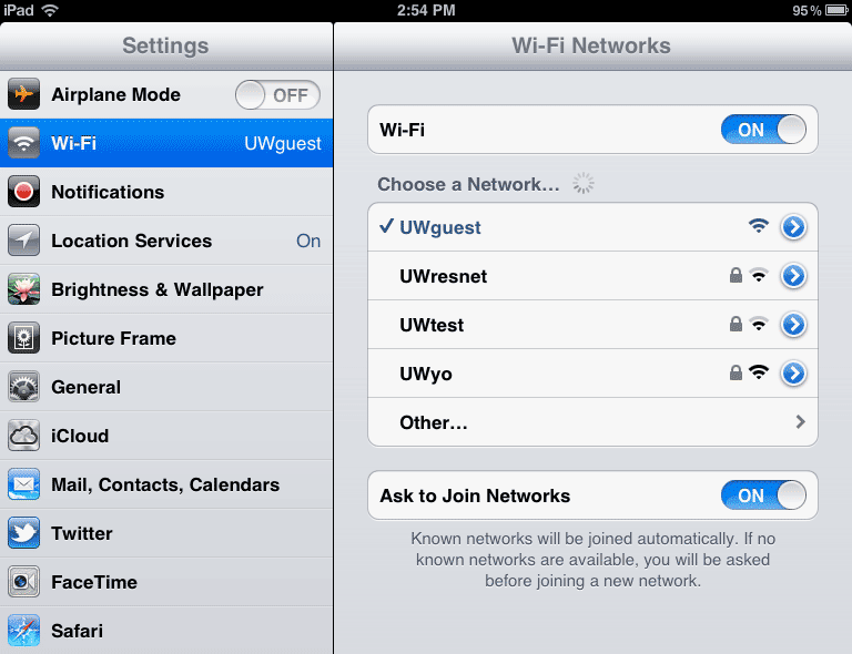 Settings screen