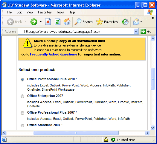 Available Microsoft Software window
