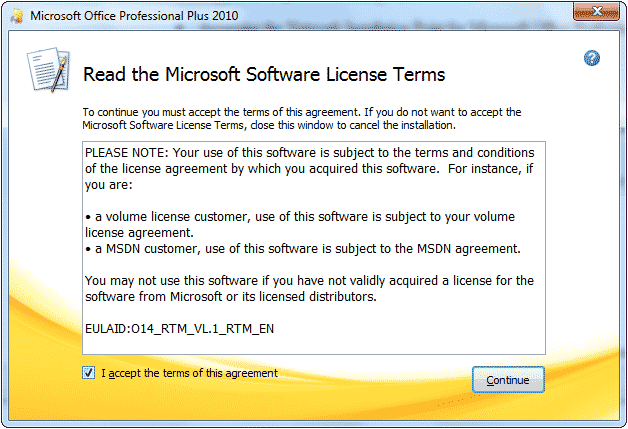 Read the Microsoft Software License Terms window