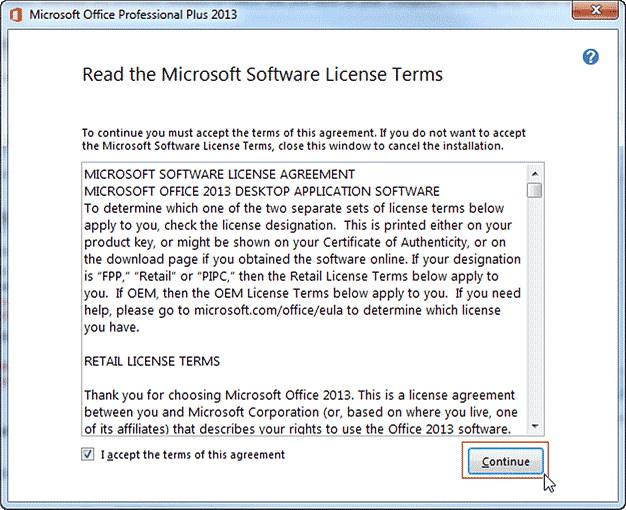 Read the Microsoft Software License Terms window