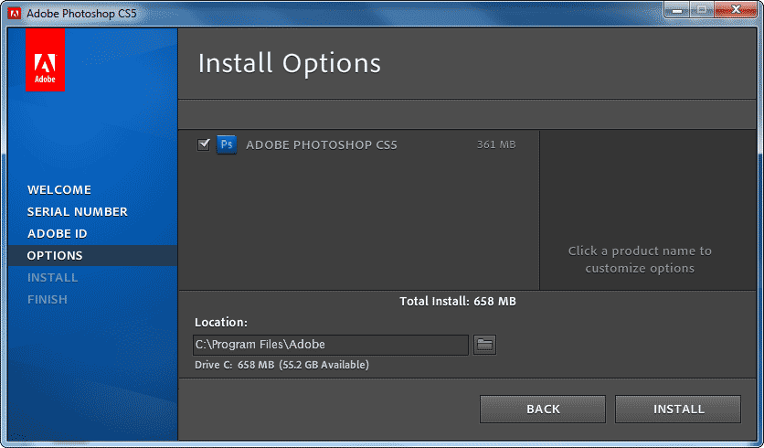Install Options window