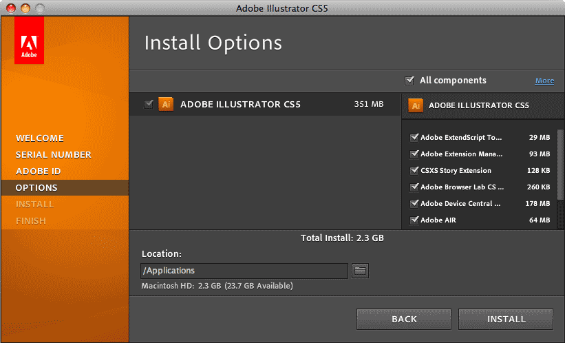Install Options window