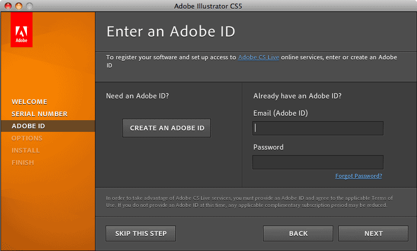 Enter an Adobe ID window