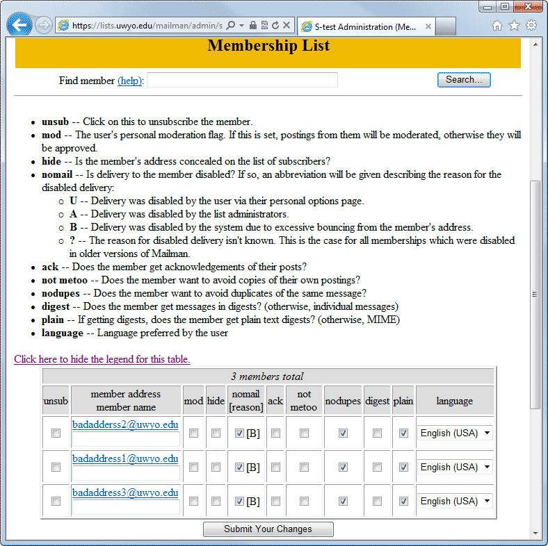Mailman Membership List browser window