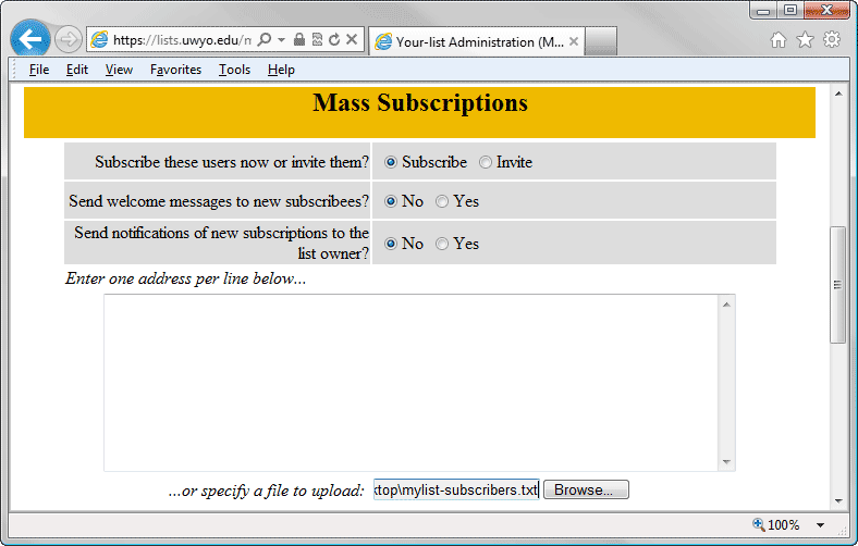 Mailman List Administrator Authentication browser window