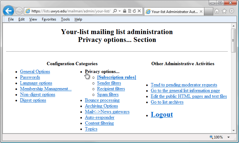 Mailman List Administrator Authentication browser window