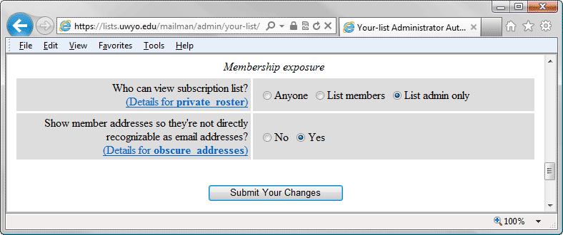 Mailman List Administrator Authentication browser window