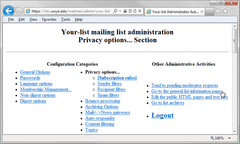 Mailman List Administrator Authentication browser window