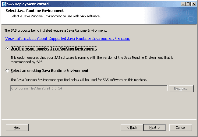 Select Java Runtime Environment window
