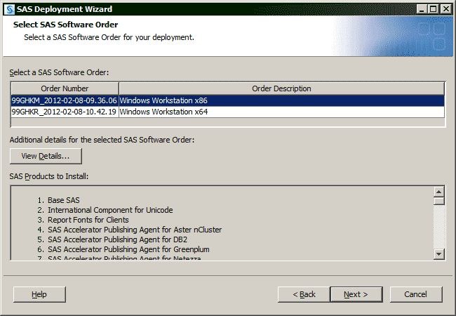 Select SAS Software Order window