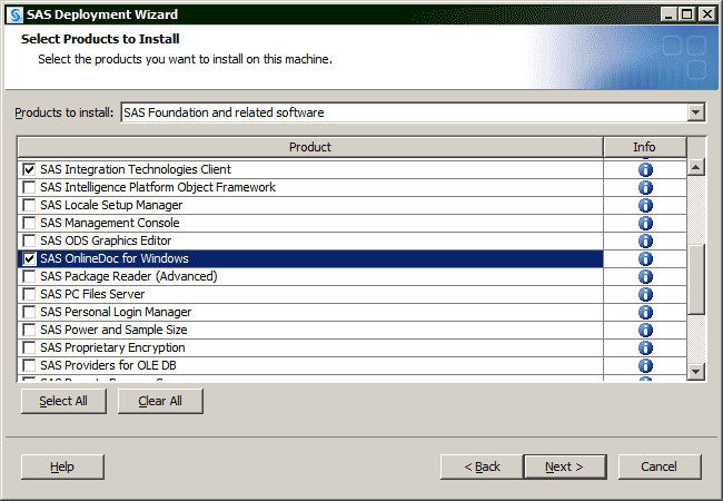 Select Products to Install window