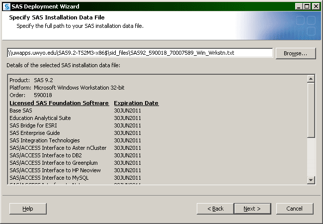 Select SAS Installation Data File window