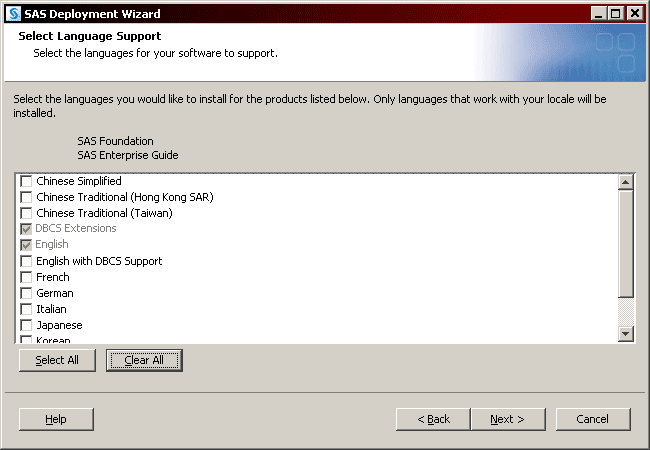Select Language Support window