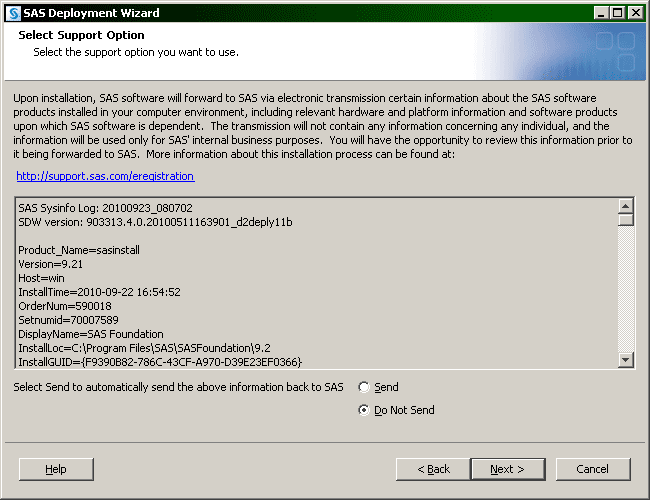 Select Support Option window