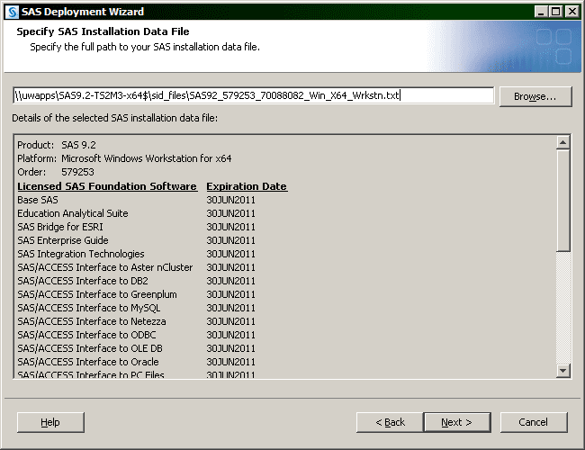 Specify SAS 64-bit Installation Data File window
