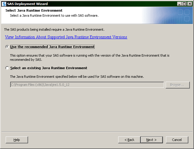 Select Java Runtime Environment window