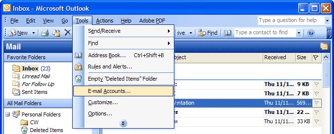 Outlook 2003 window