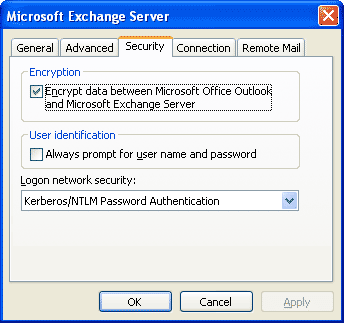 Microsoft Exchange Server window, Security tab